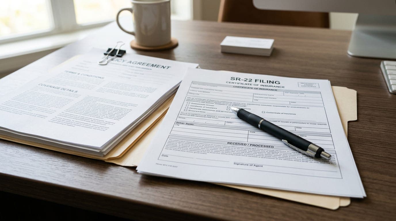 An SR-22 insurance filing form and a policy agreement laid out on a desk with a pen