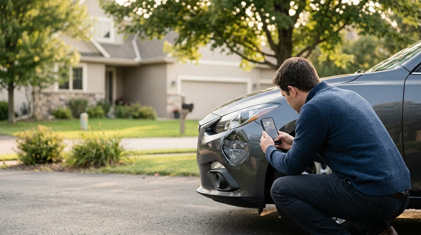 A driver crouches beside a car's dented front bumper in a driveway, holding a phone to photograph the damage.