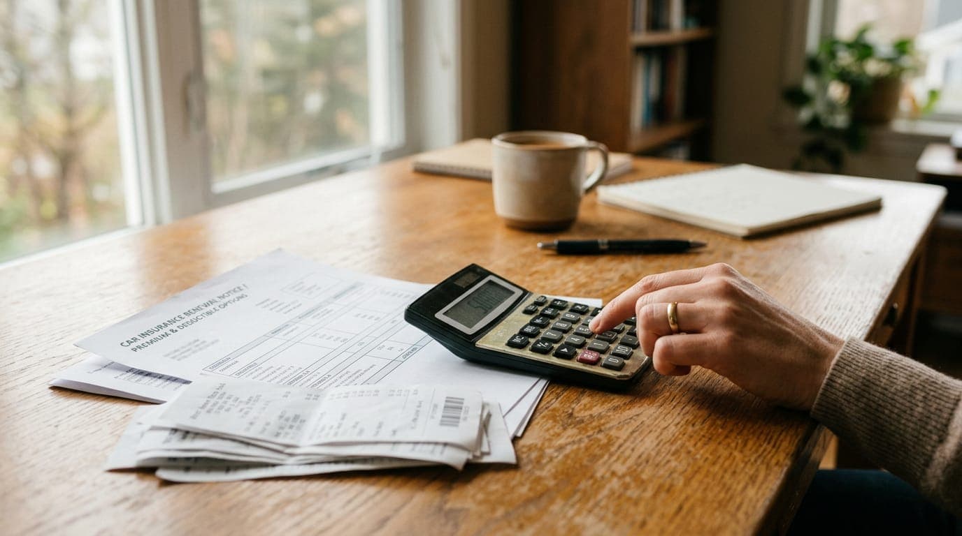 A person using a calculator over a car insurance renewal notice listing deductible options