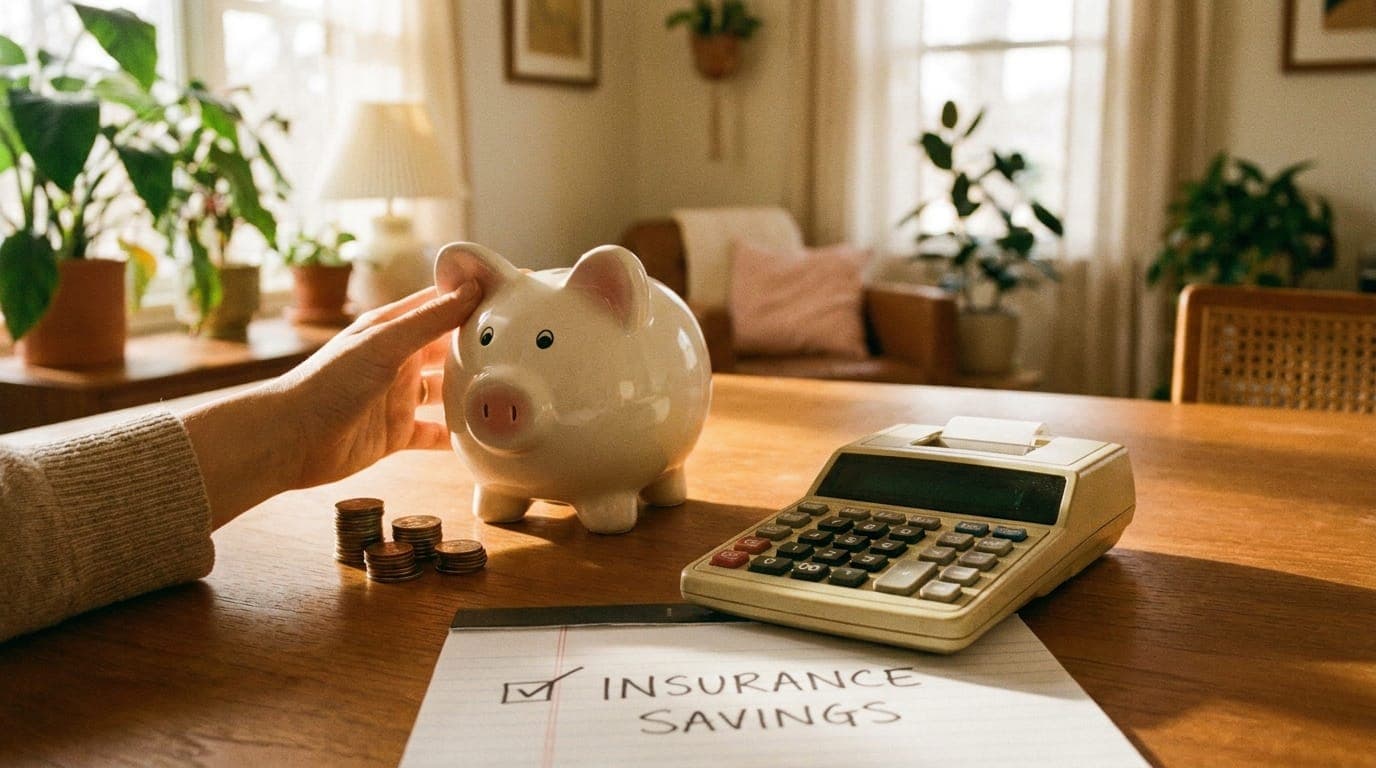 A hand on a piggy bank beside a printing calculator and a checklist labeled insurance savings