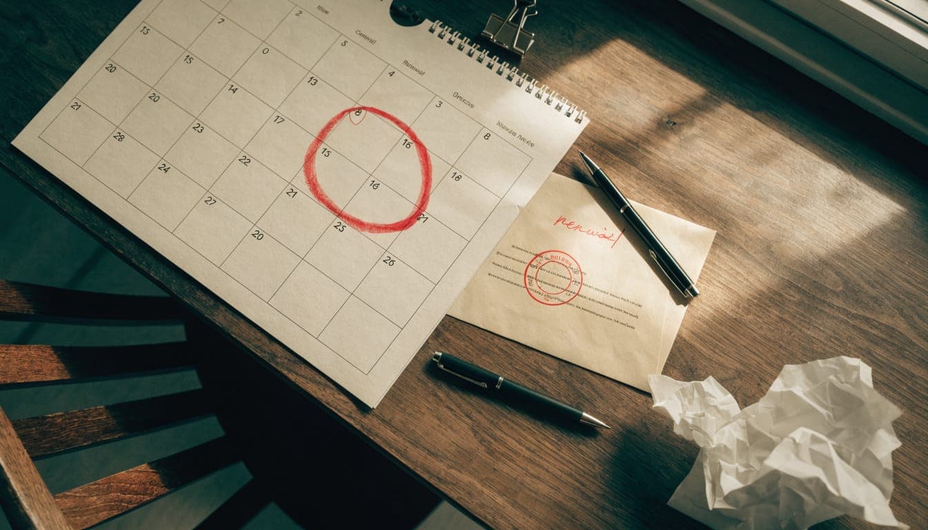 A wall calendar with a renewal date circled in red beside a stamped renewal notice and two pens