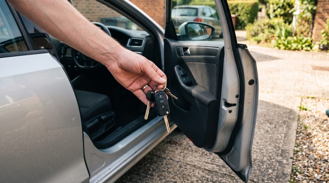 A hand holding car keys beside the open door of a silver car in a driveway