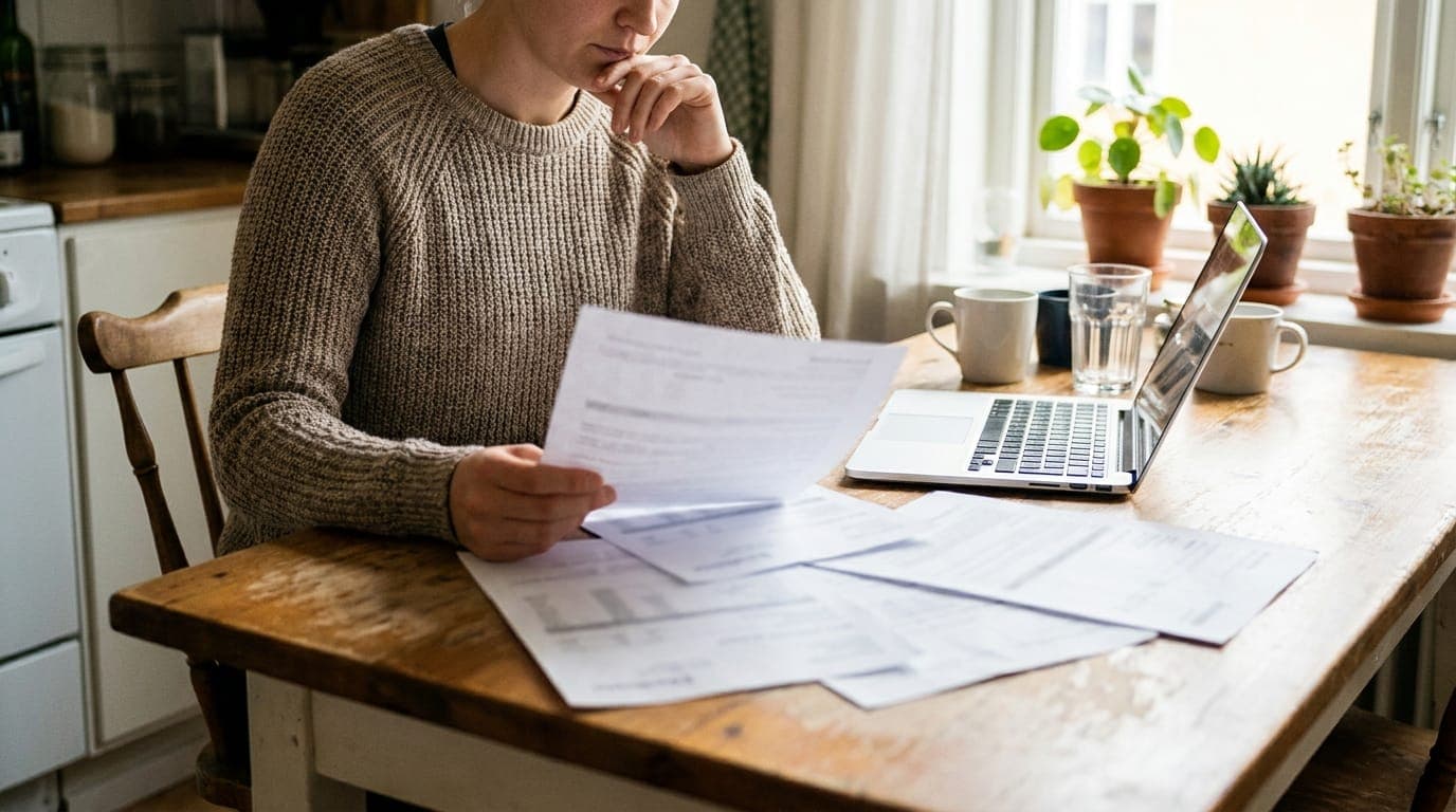 A person at a kitchen table comparing printed insurance quotes beside an open laptop