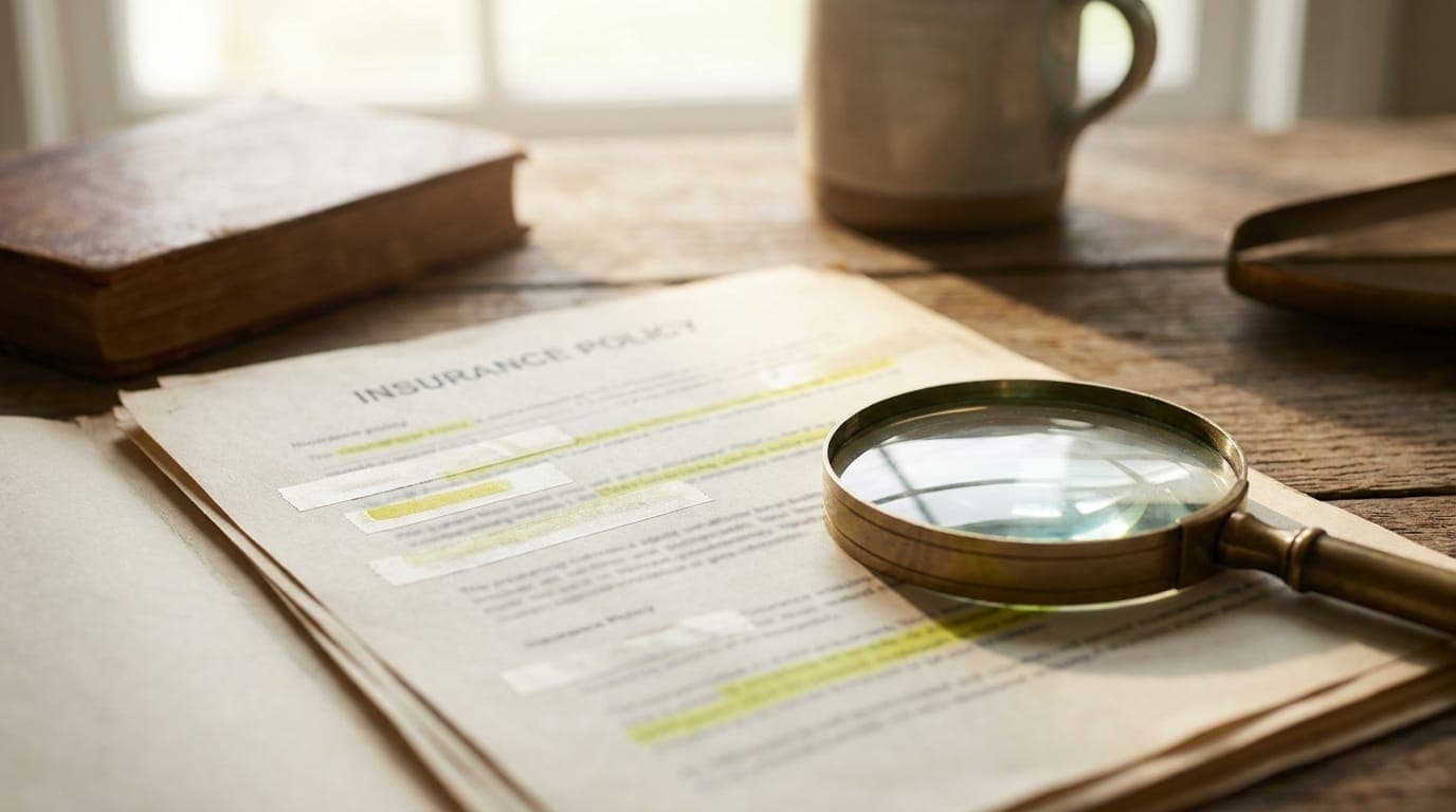 A magnifying glass resting on an insurance policy document with highlighted clauses