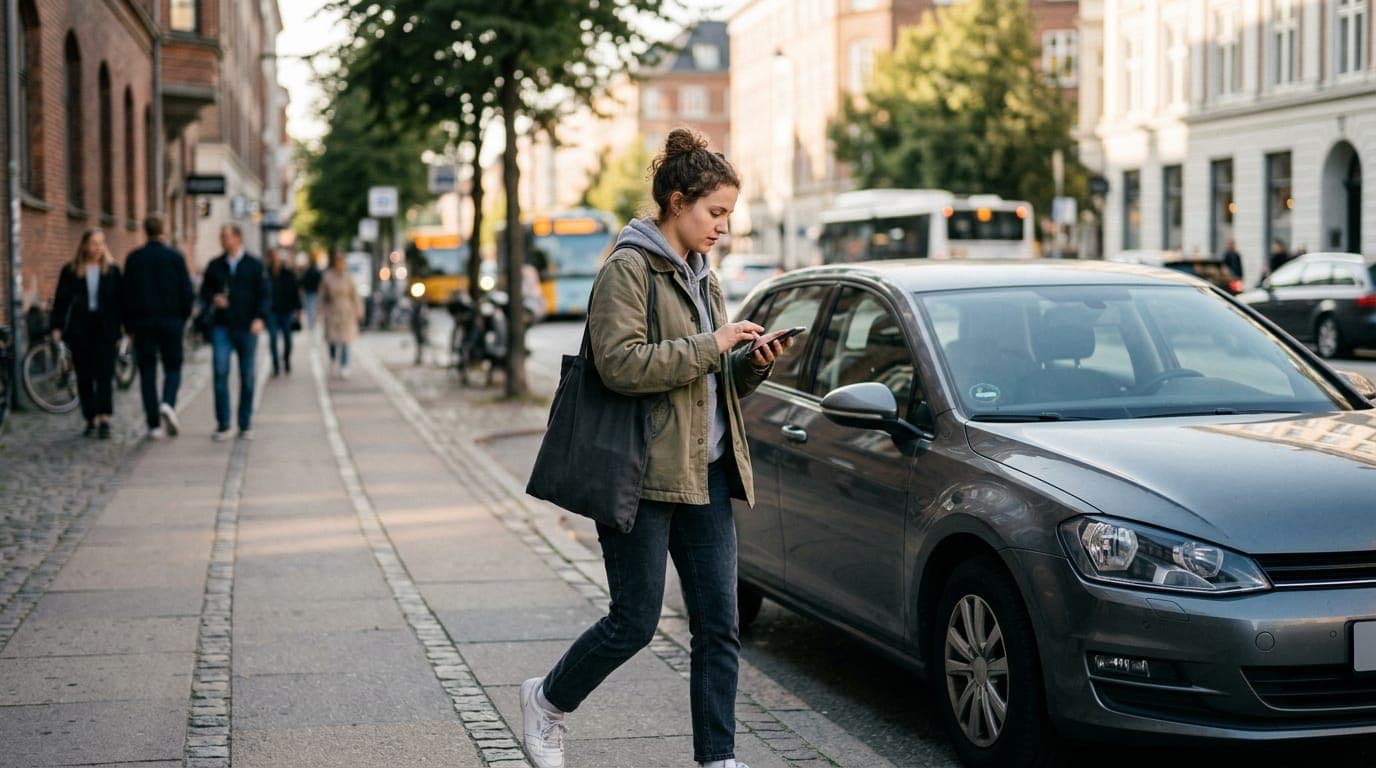 A pedestrian checking their phone beside a parked car on a city street
