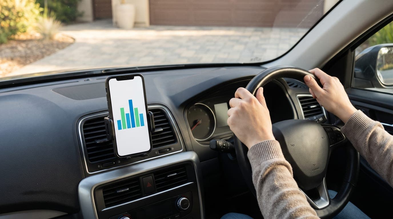 A phone mounted on a car dashboard showing a driving-score chart while the driver holds the wheel