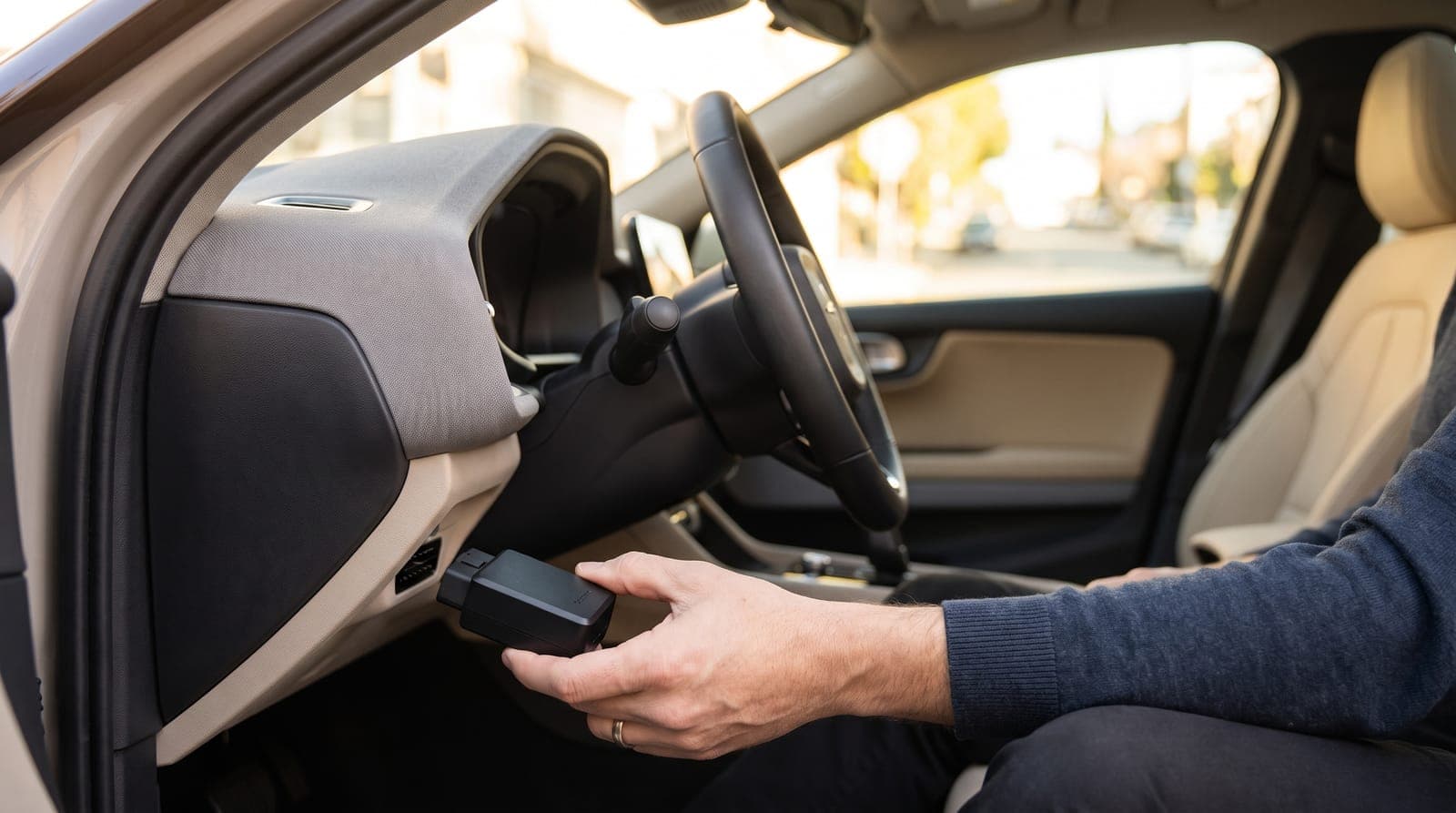 A driver's hand plugging a small black telematics device into the port beneath a car's dashboard