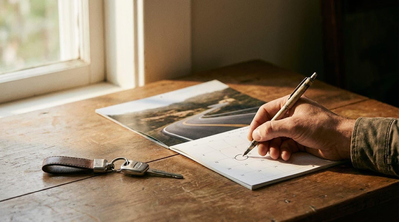 A hand circling a date on a desk calendar beside car keys on a wooden table